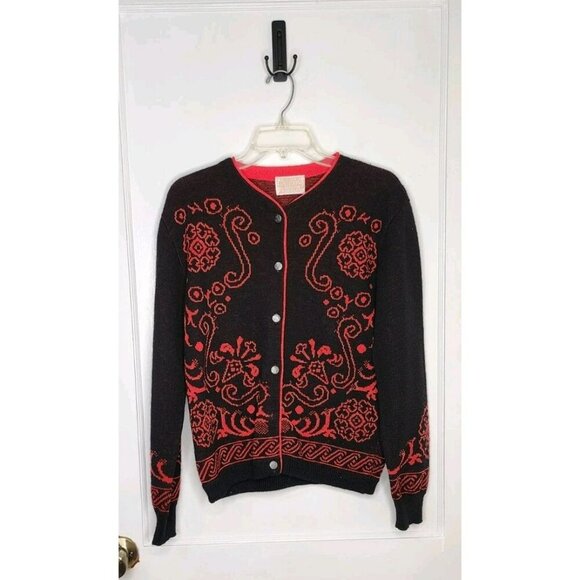Vintage Pendleton Cardigan Sweater 100% Wool Sweater Black / Red Floral Medium - Picture 1 of 6